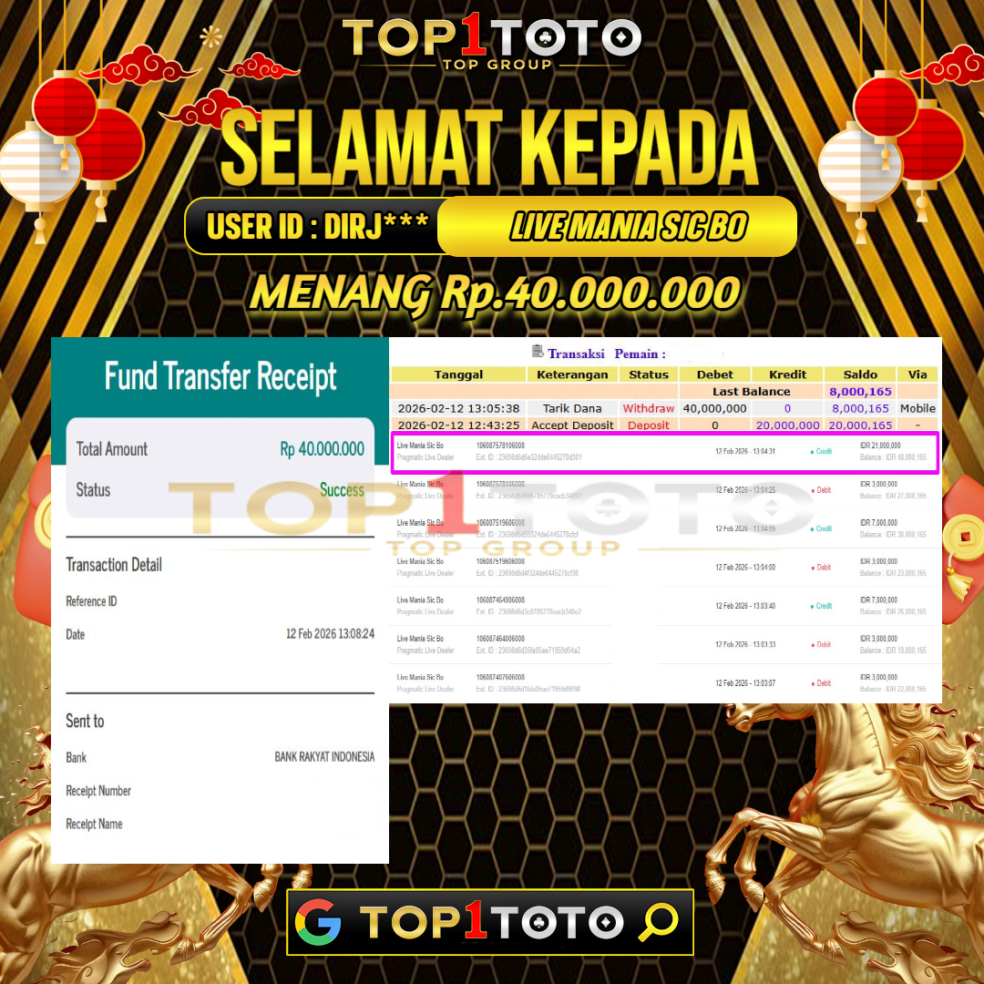 TOP1TOTO JACKPOT LIVE GAMES LIVE MANIA SIC BO Rp.40.000.000 - LUNAS USER ID : DIRJ***