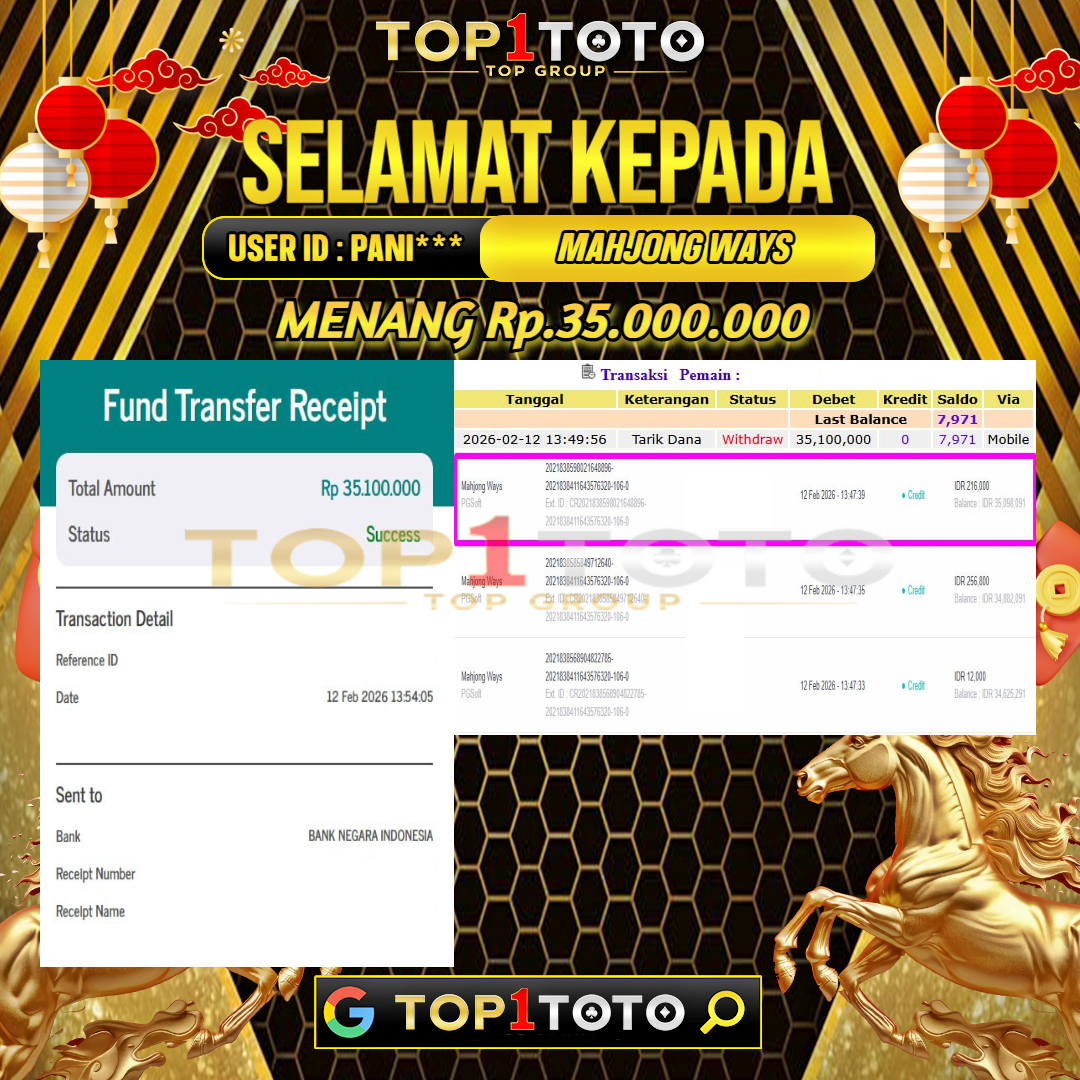 TOP1TOTO JACKPOT SLOT MAHJONG WAYS Rp.35.000.000 - LUNAS USER ID : PANI***