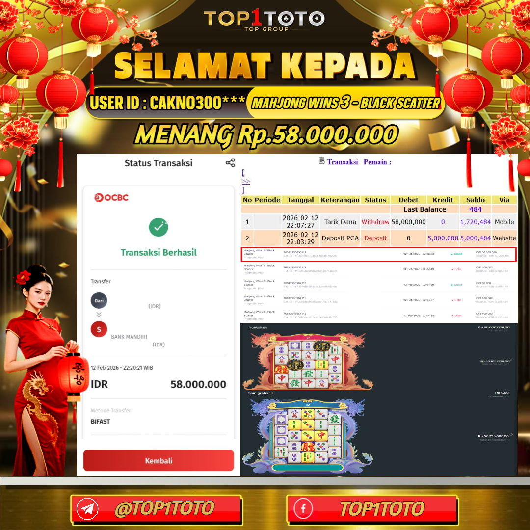 TOP1TOTO JACKPOT SLOT MAHJONG WINS 3 - BLACK SCATTER Rp.58.000.000 - LUNAS USER ID : CAKNO300***