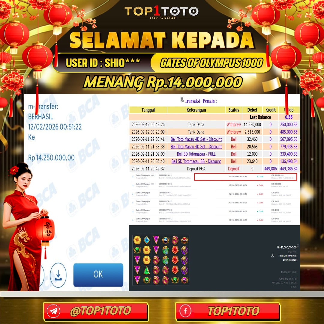TOP1TOTO JACKPOT SLOT GATES OF OLYMPUS 1000 Rp.14.000.000 - LUNAS USER ID : SHIO***