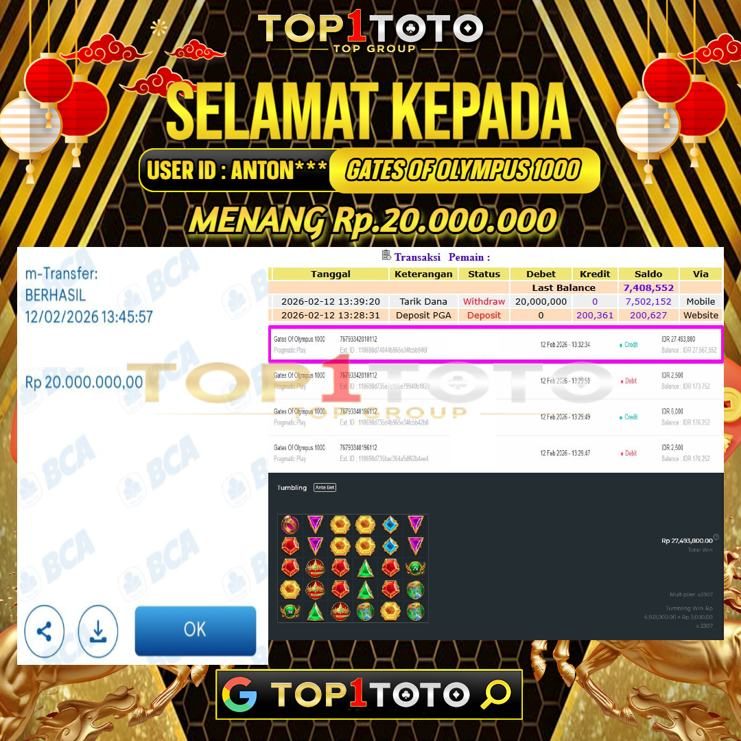 TOP1TOTO JACKPOT SLOT GATES OF OLYMPUS 1000 Rp.20.000.000 - LUNAS USER ID : SHIO***