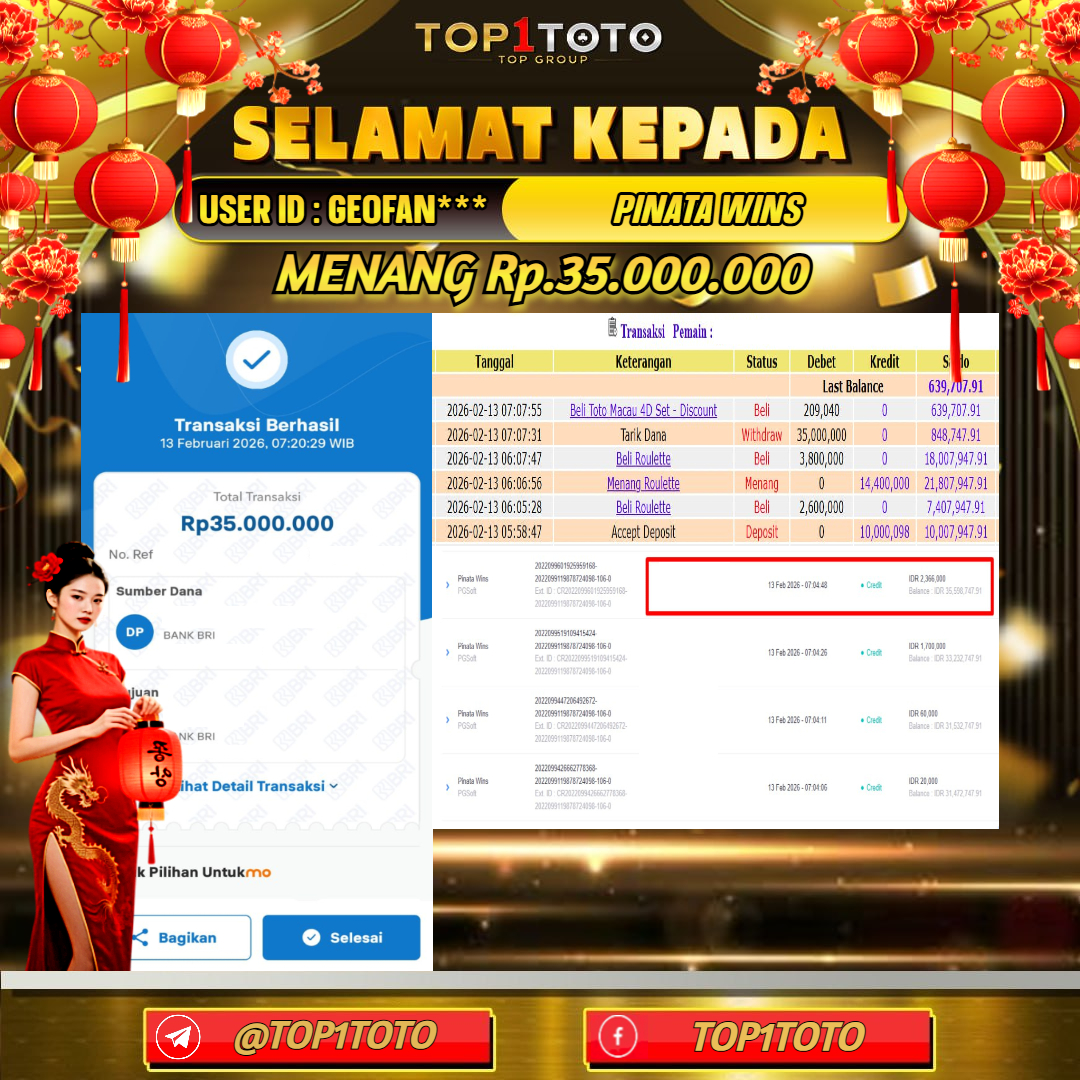 TOP1TOTO JACKPOT SLOT PINATA WINS Rp.35.000.000 - LUNAS USER ID : GEOFAN***