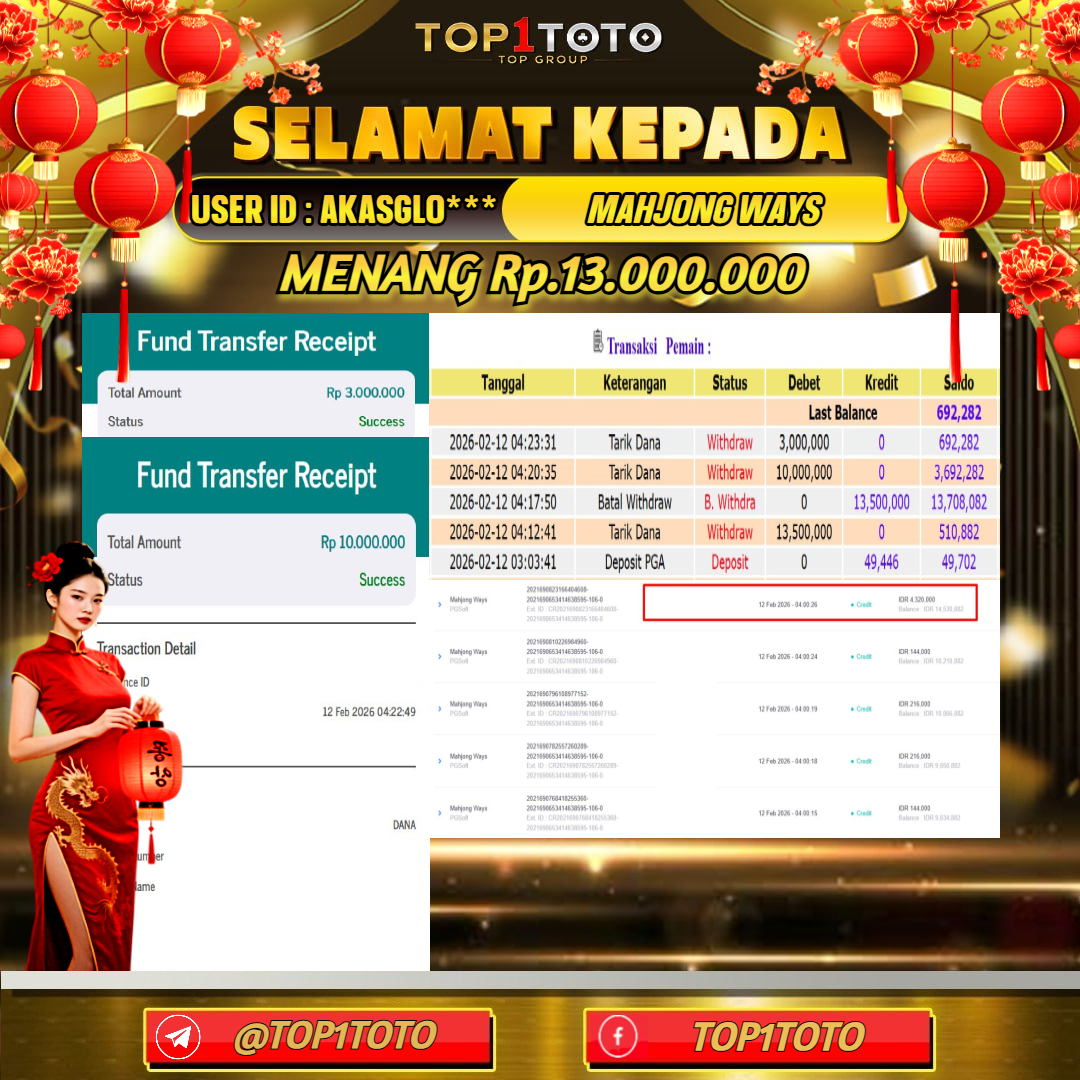 TOP1TOTO JACKPOT SLOT MAHJONG WAYS Rp.13.000.000 - LUNAS USER ID : AKASGLO***