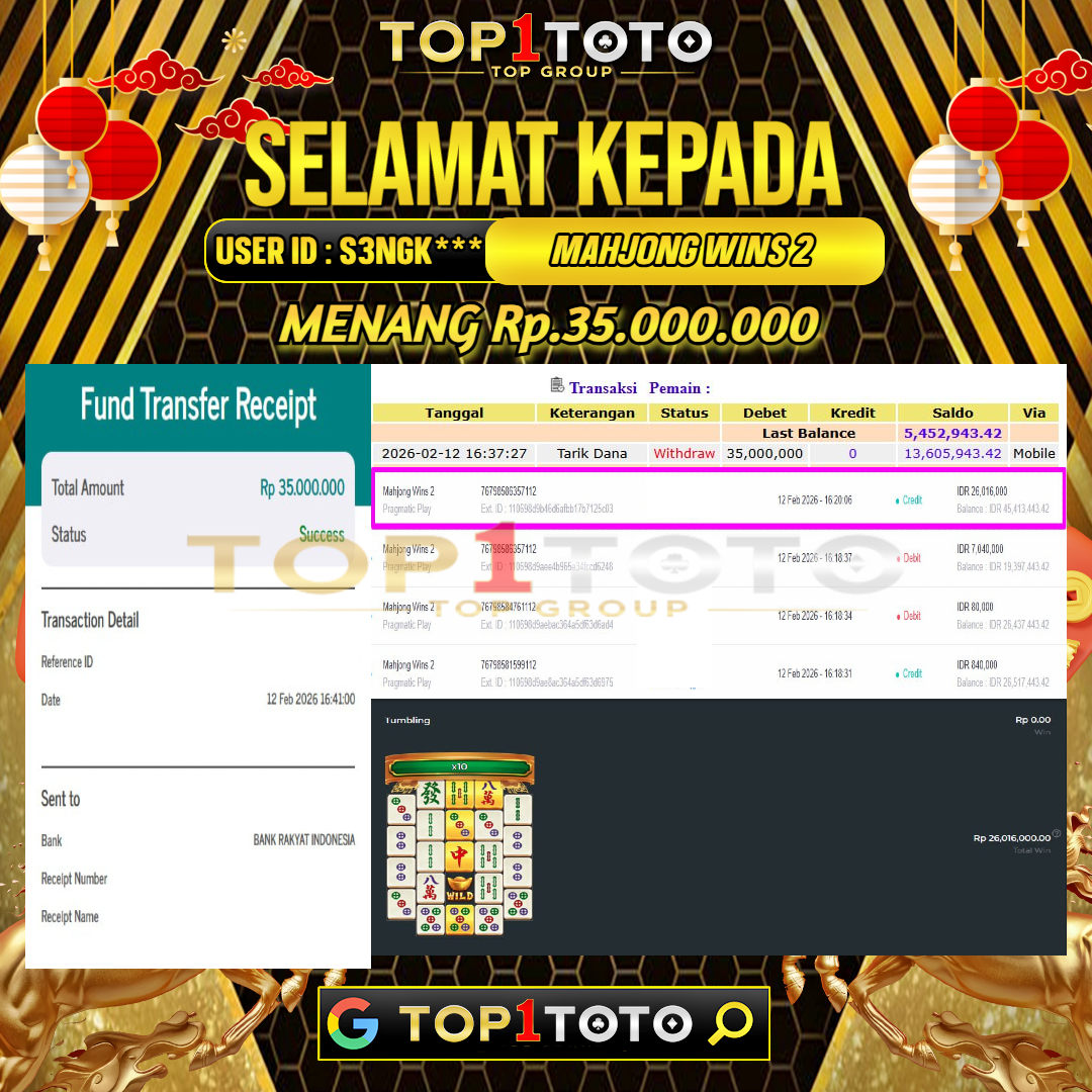 TOP1TOTO JACKPOT SLOT MAHJONG WINS 2 Rp.35.000.000 - LUNAS USER ID : S3NGK***